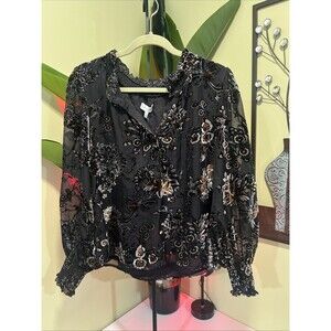 Koko + Mason Burnout Velvet Dark Floral Whimsigoth Top Black Smocked Size L NWT